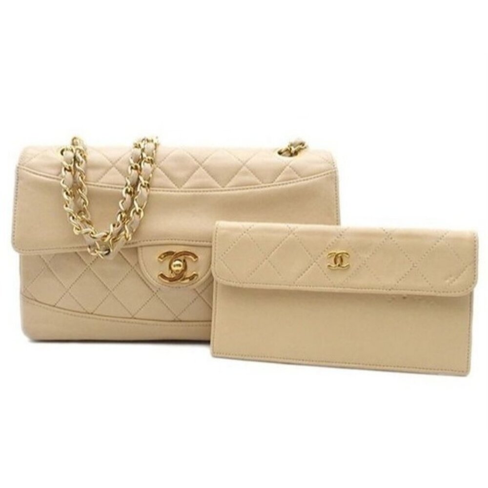 Authentic CHANEL 24K Double Flap Bag Lambskin Quilted Purse Beige with Pouch